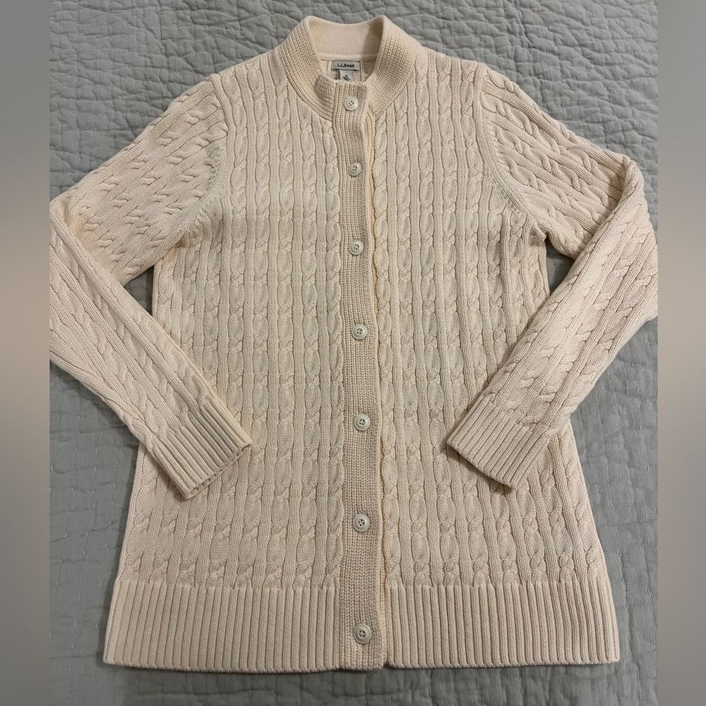 LL Bean Women's Cream Cable Knit Cardigan Sweater - Picture 4 of 8